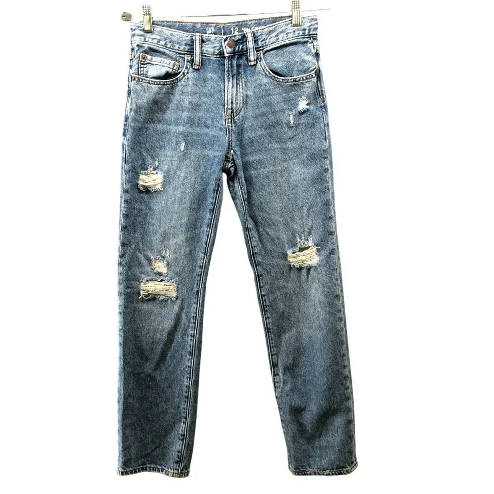 Gap Youth Boys Size 12 90s Original Straight Jean Blue Medium Wash‎ Destroyed